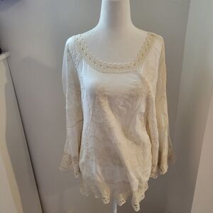 Democracy White Lace Crochet Flare Sleeve Feminine Boho Fairy Blouse | XL